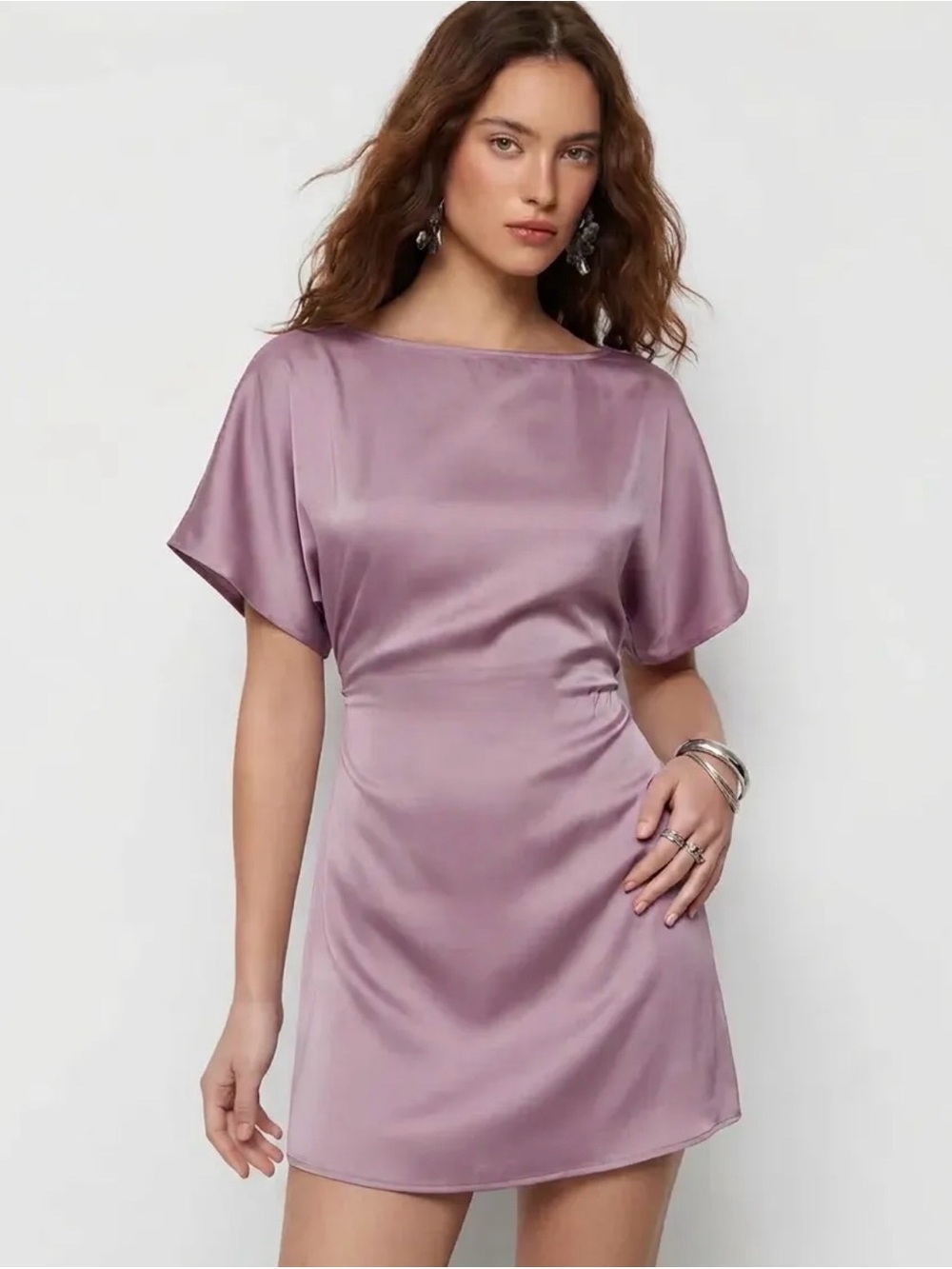 CIDER SATIN BOAT NECK BATWING SLEEVE OVERSIZED MINI DRESS